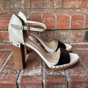 Antonio Melani Black and Cream Leather Wooden Heels Women's Size 9.5